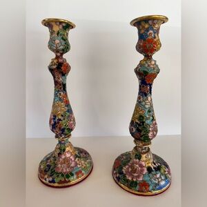 Colorful Floral Candle stick holders vintage Chinese Cloisonné enamel